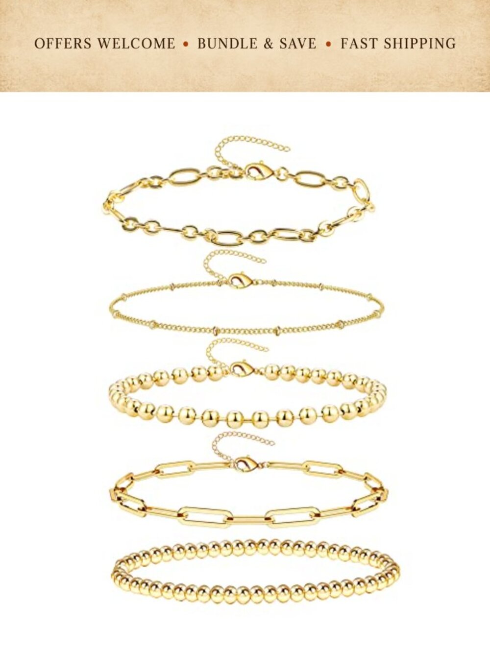 14K Gold Plated Chain Bracelets Set Women Stackable Layered Adjustable